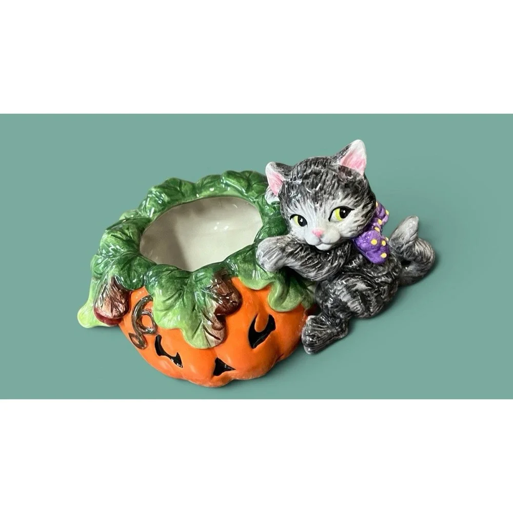 Fitz & Floyd Essentials Candy Bowl Halloween Pumpkin Black Cat Jack-O-Lantern